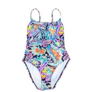 10 Lauren Ralph Lauren Navy Blue Paisley Print Low Back One Piece Swimsuit